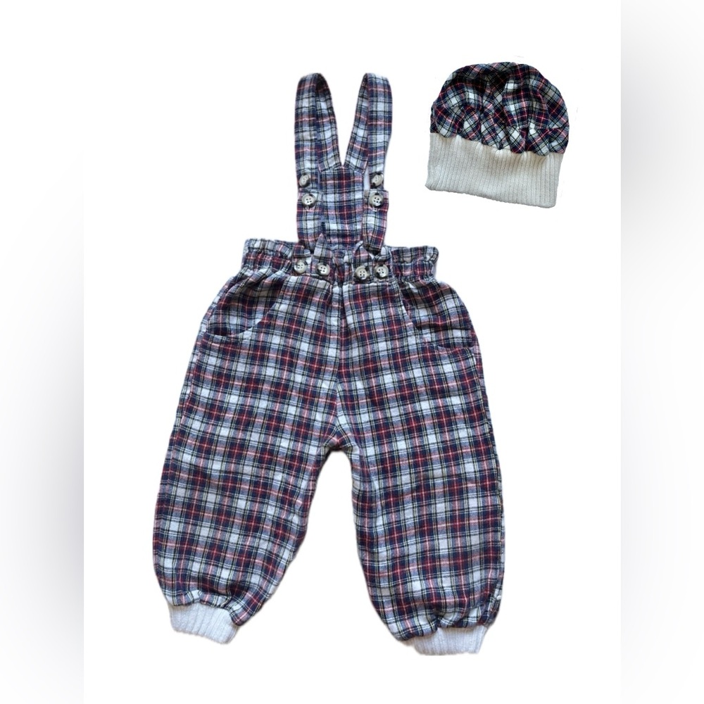 Golden Rainbow Plaid Overalls + Hat - Sz 6 - 9 Mo